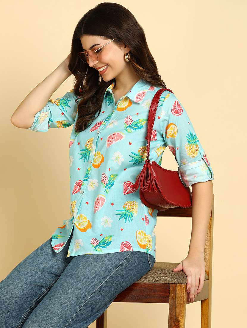 women printed collared long sleeve shirt