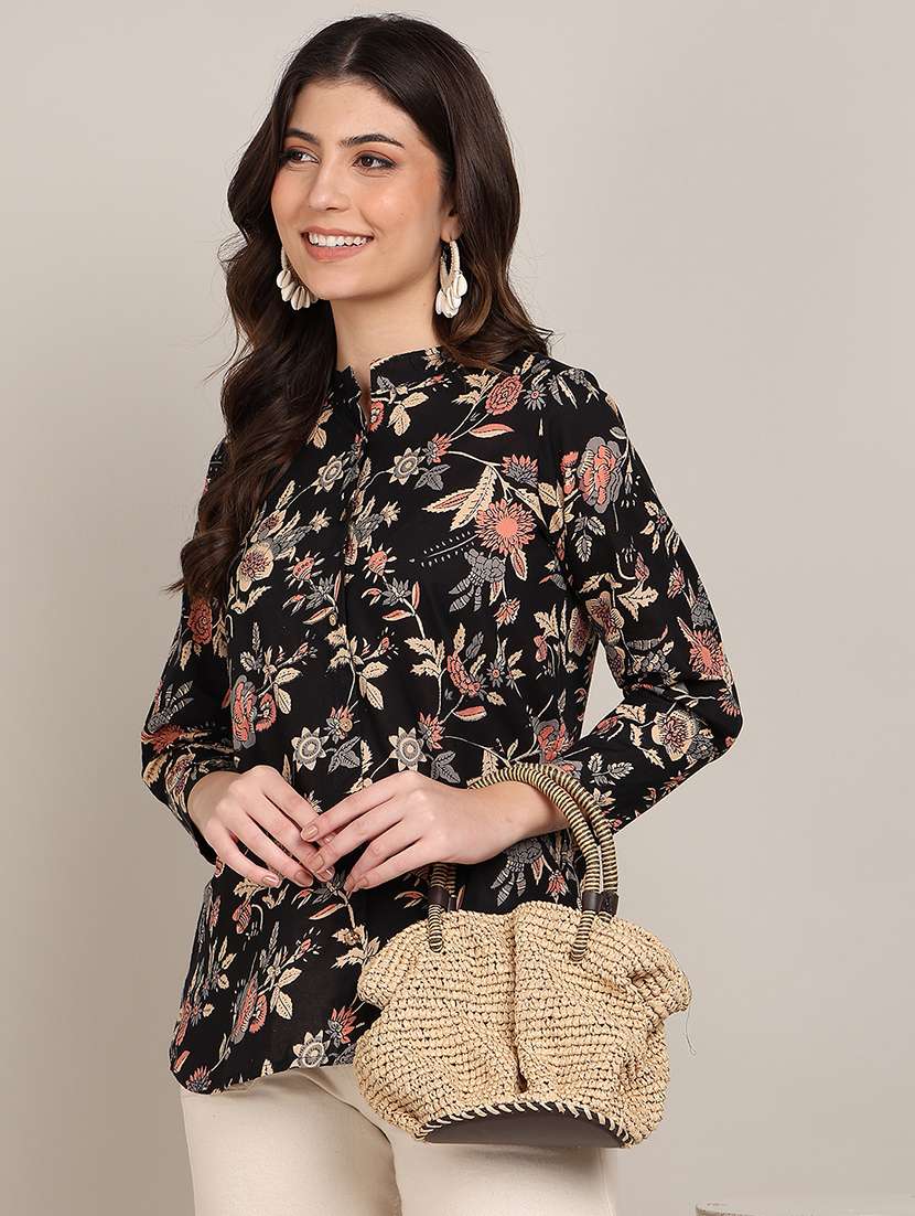 women floral print mandarin collar a-line top