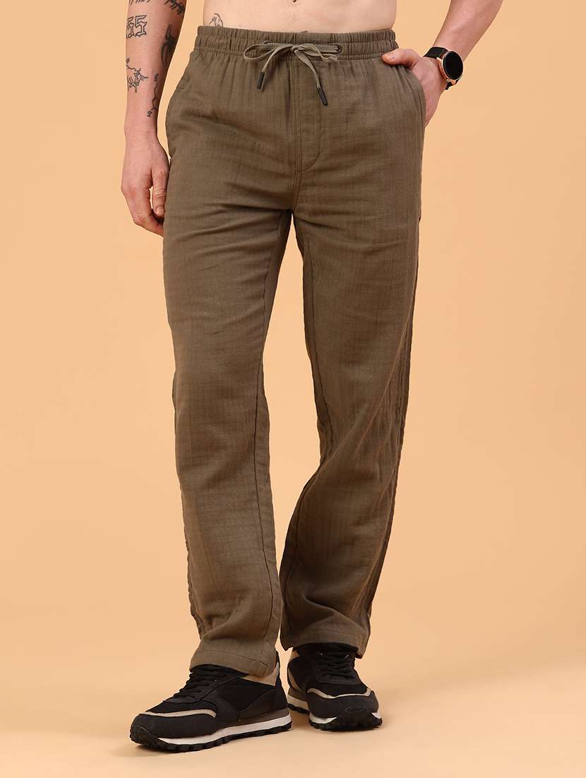 olive cotton flat front casual trousers