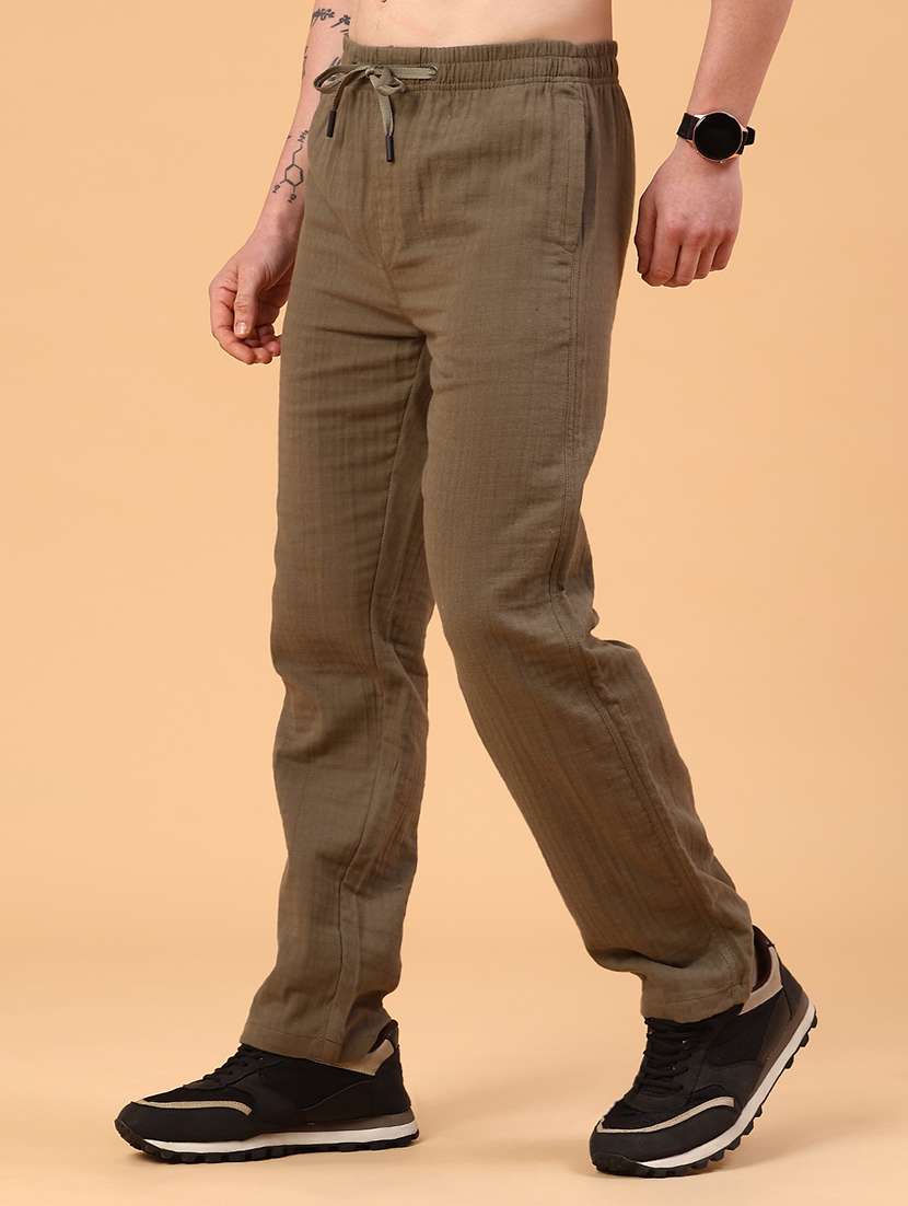 olive cotton flat front casual trousers - 22367570 -  Standard Image - 3