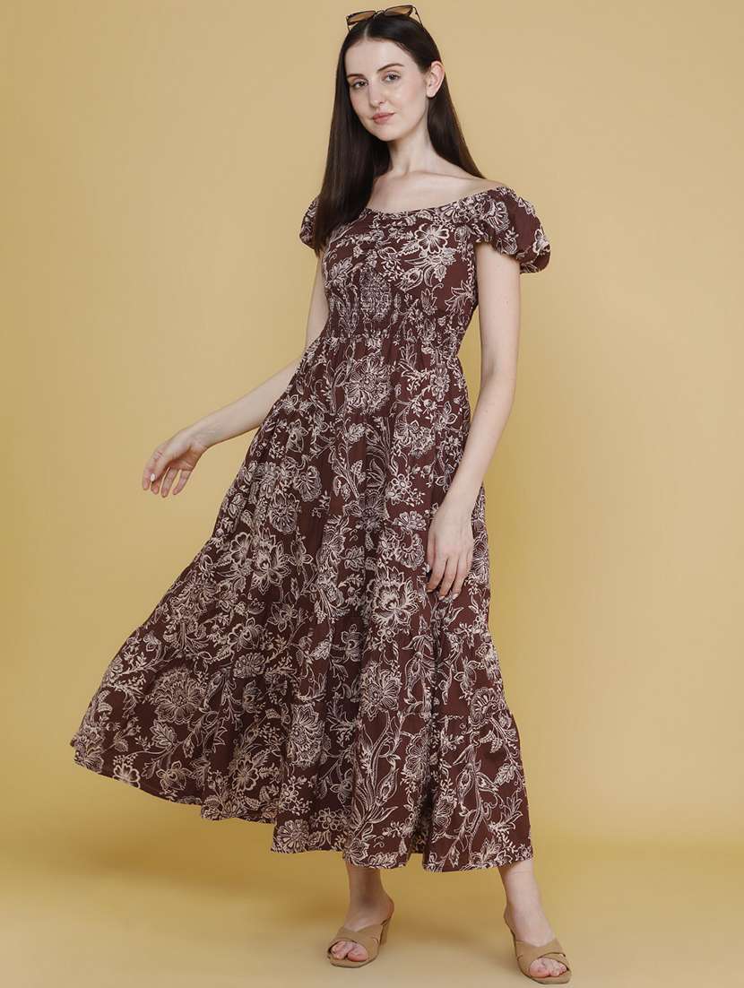 women printed off shoulder tiered dress
