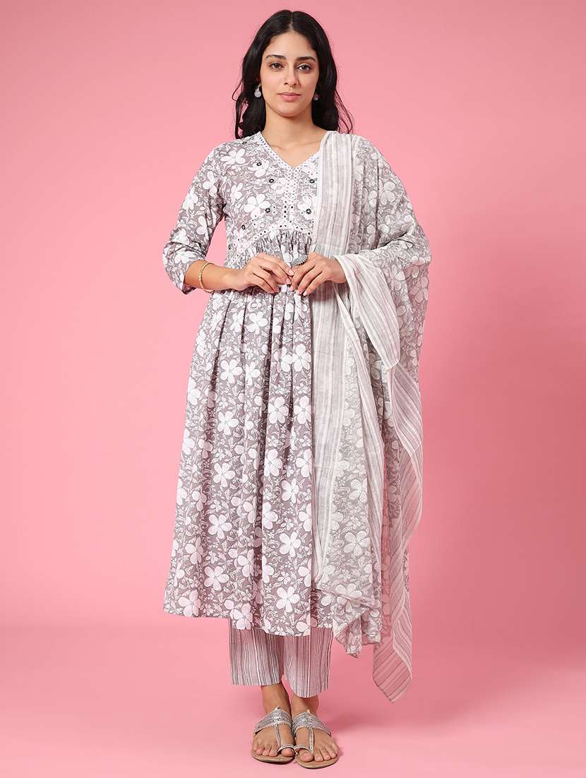 grey cotton kurta palazzo  set