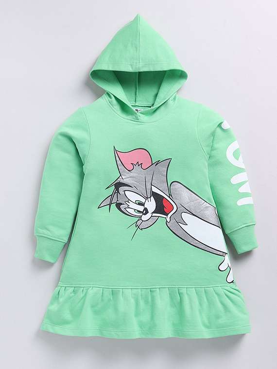 girls printed long sleeve hooded tiered dress