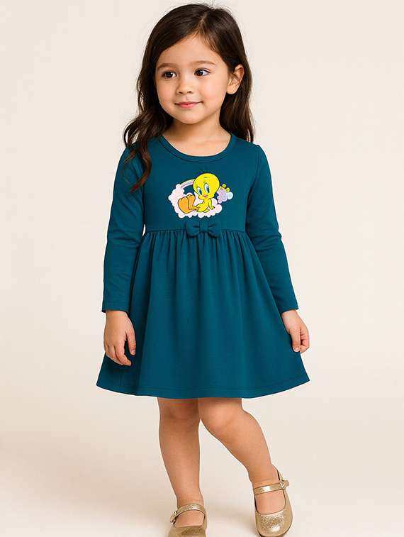 girls printed long sleeve fit & flared dress