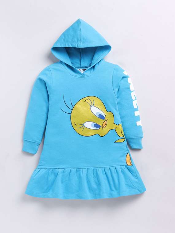 girls printed long sleeve hooded tiered dress