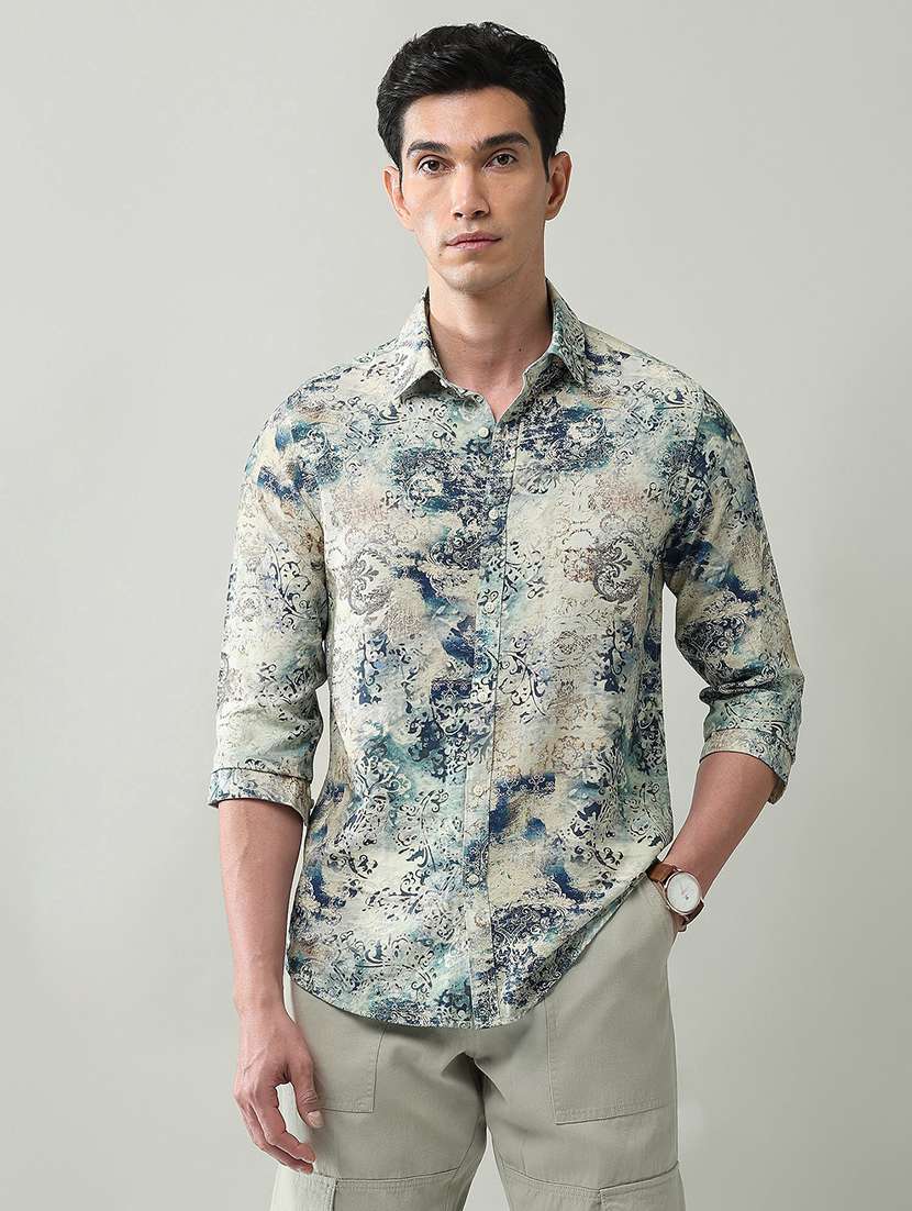 men printed collared long sleeve shirt