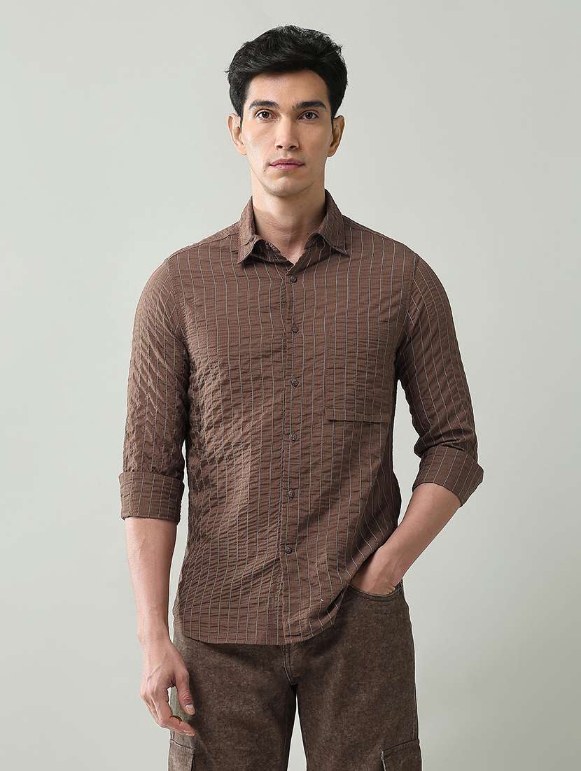 men striped collared long sleeve shirt