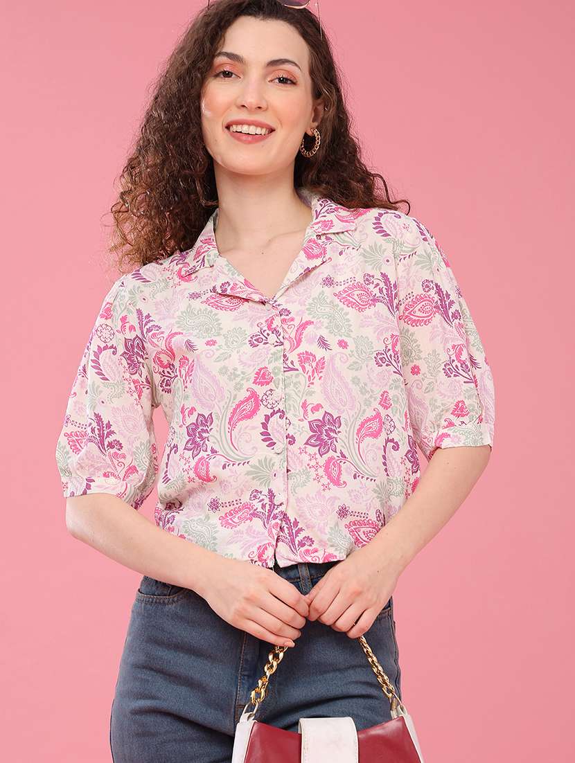 women printed short sleeves shirt style top