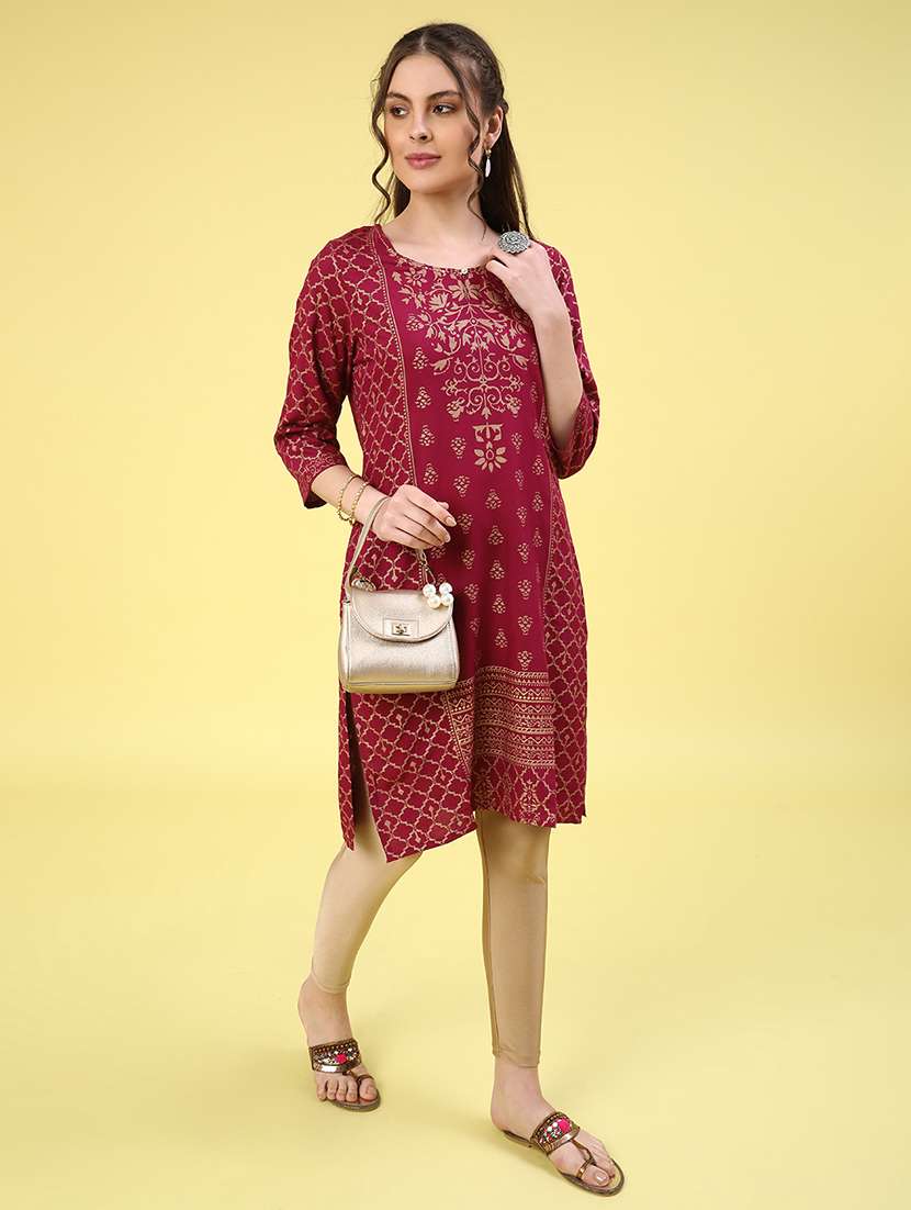 maroon rayon straight kurta - 22370909 -  Standard Image - 5
