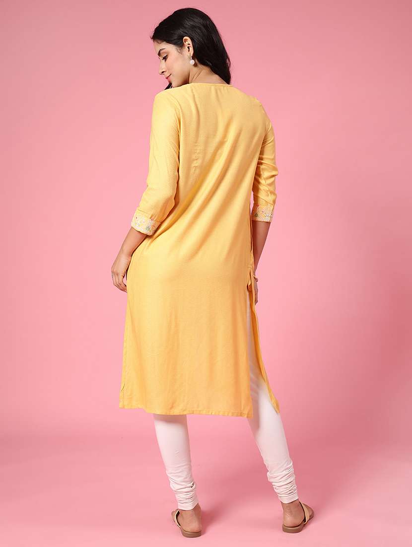 yellow cotton straight kurta - 22370913 -  Standard Image - 3