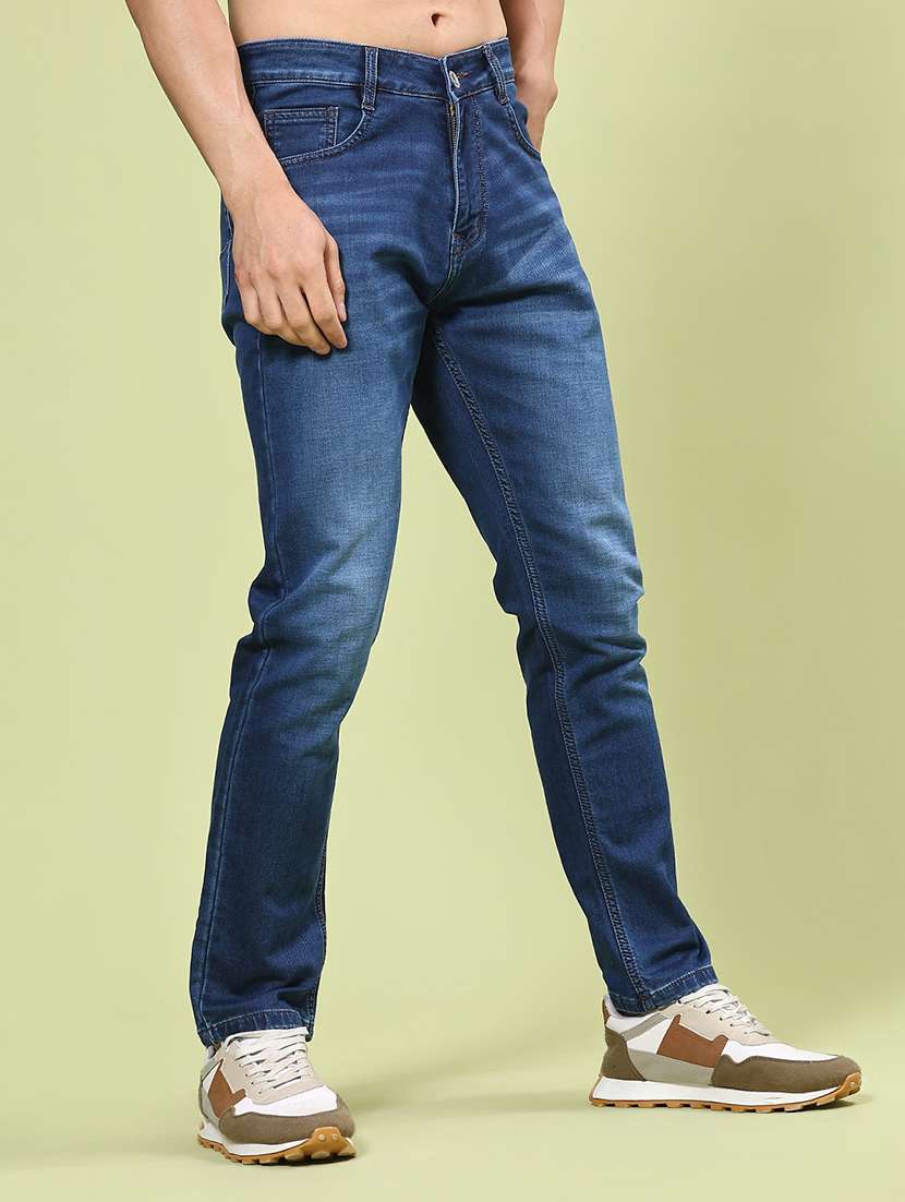 men washed mid rise full length slim fit jeans
