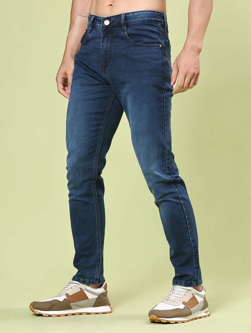 men washed mid rise full length slim fit jeans
