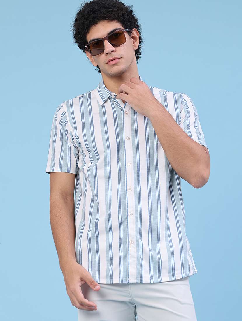 men striped short sleeve slim fit casual shirt