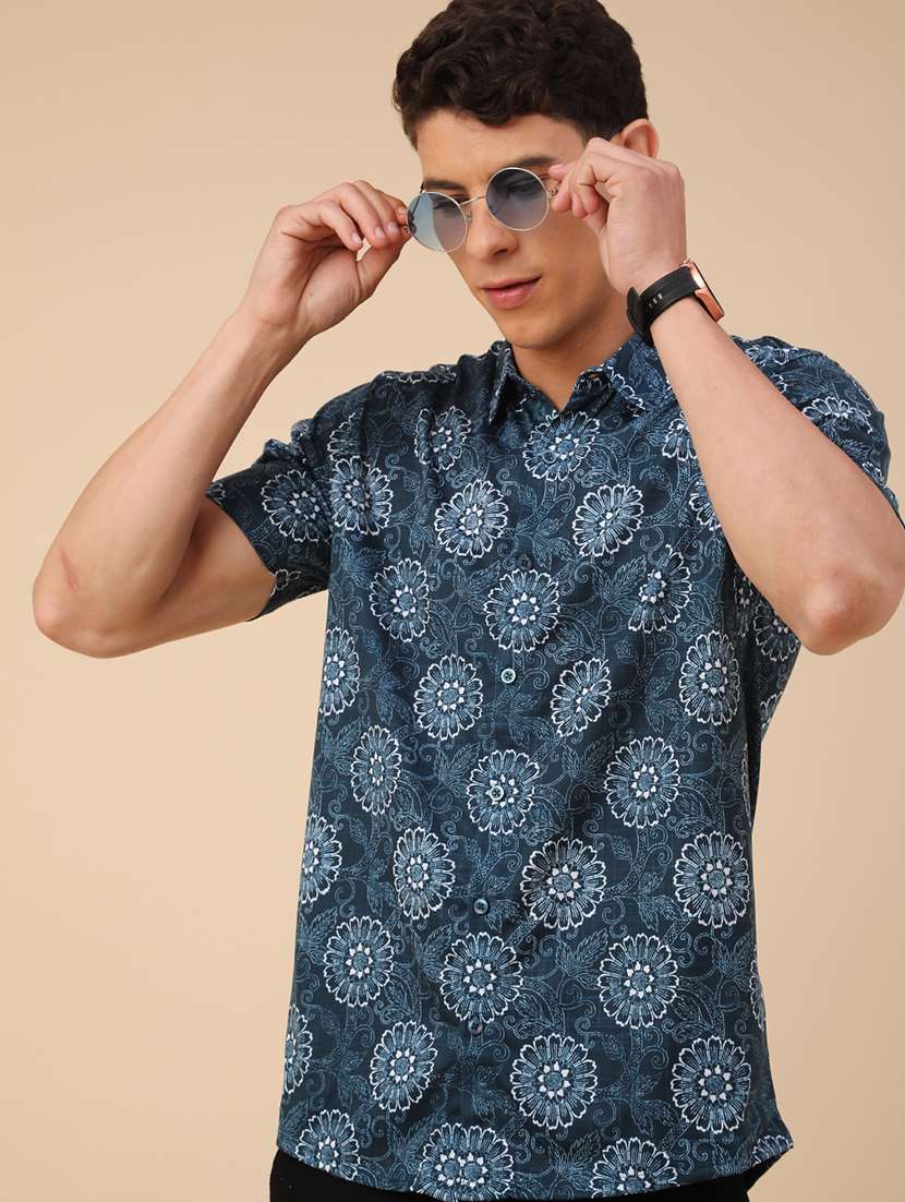 men printed short sleeve slim fit casual shirt