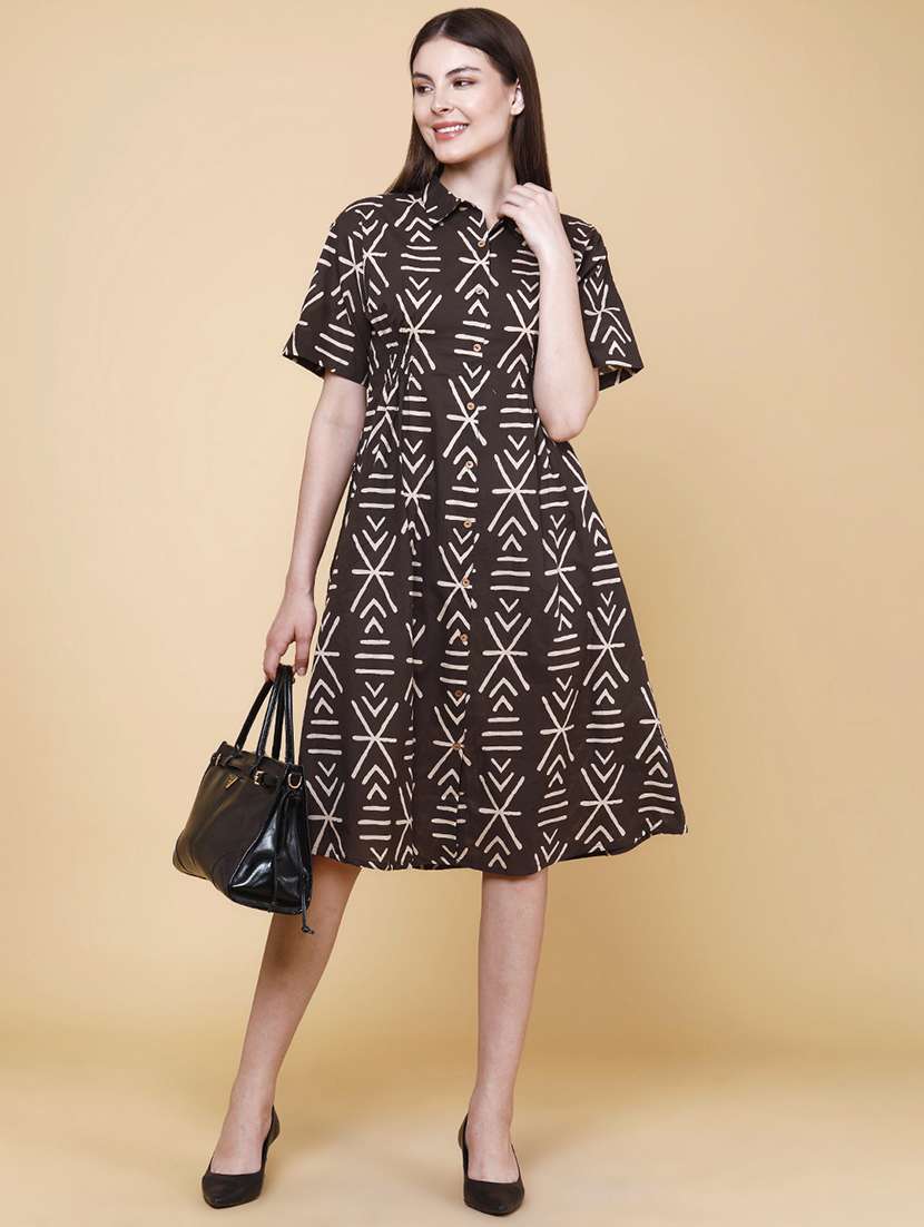 women printed collared neck a-line dress