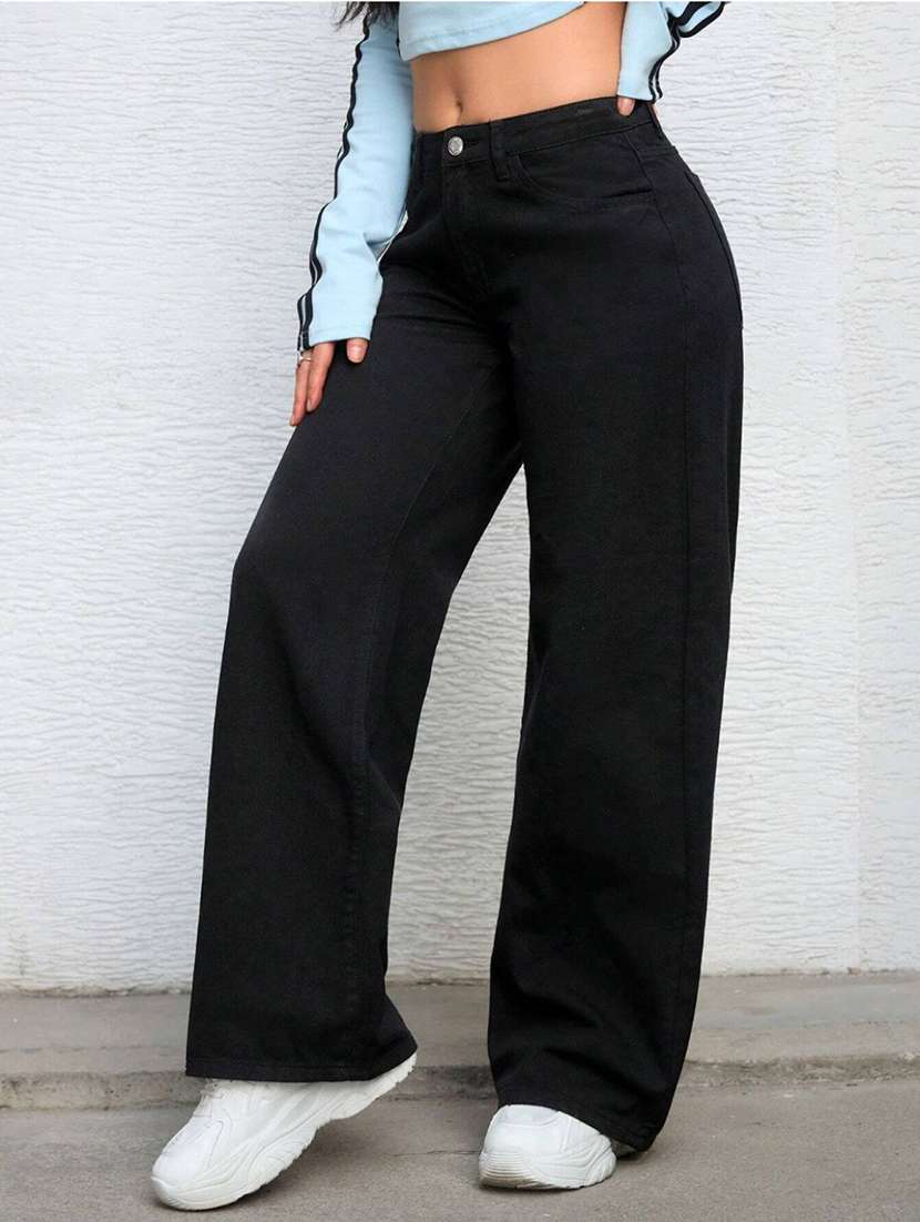 women solid high rise baggy jeans