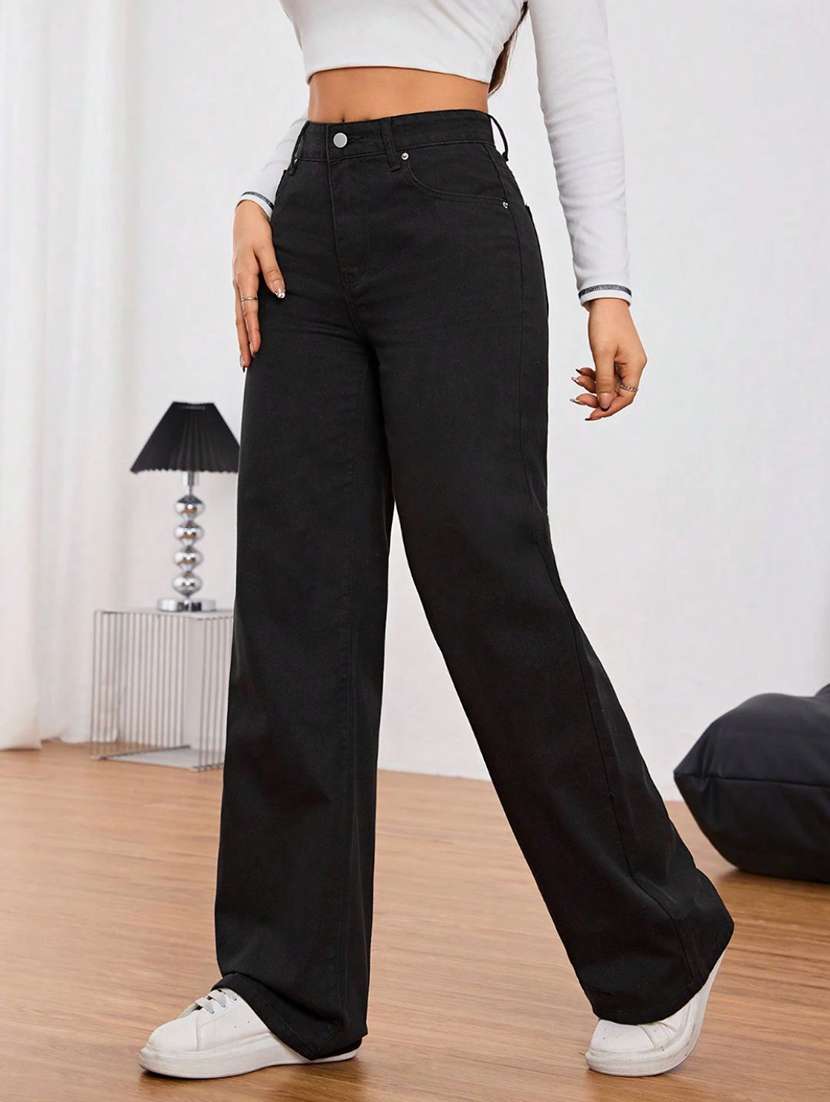 women solid high rise wide leg jeans