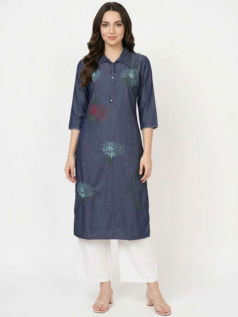 women solid with work three quarter sleeve straight kurta