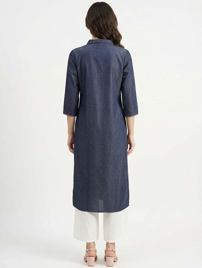 women solid with work three quarter sleeve straight kurta - 22373338 -  Standard Image - 3