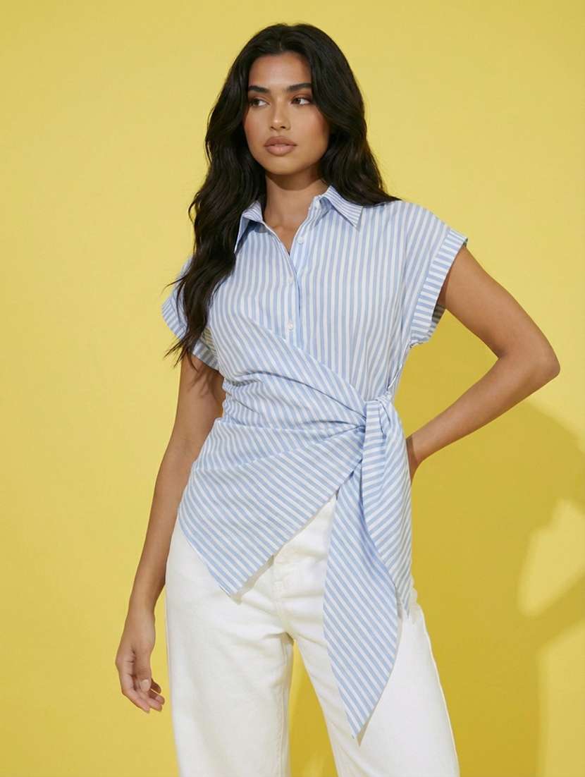 women solid collared short sleeve wrap shirt