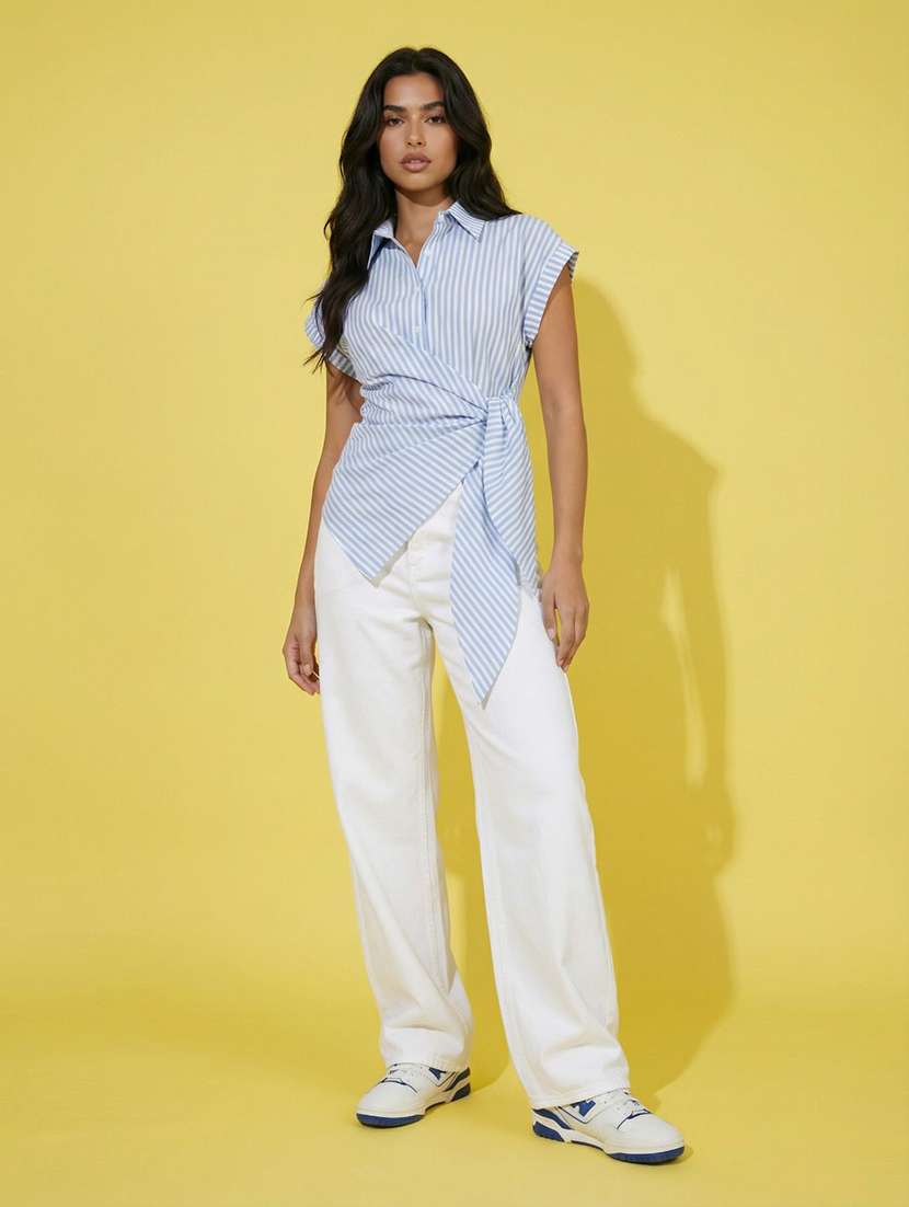 women solid collared short sleeve wrap shirt - 22373351 -  Standard Image - 3