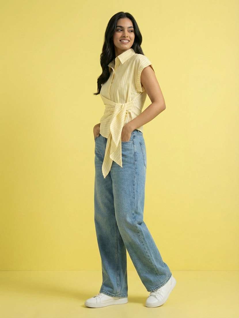 women solid collared short sleeve wrap shirt - 22373353 -  Standard Image - 3