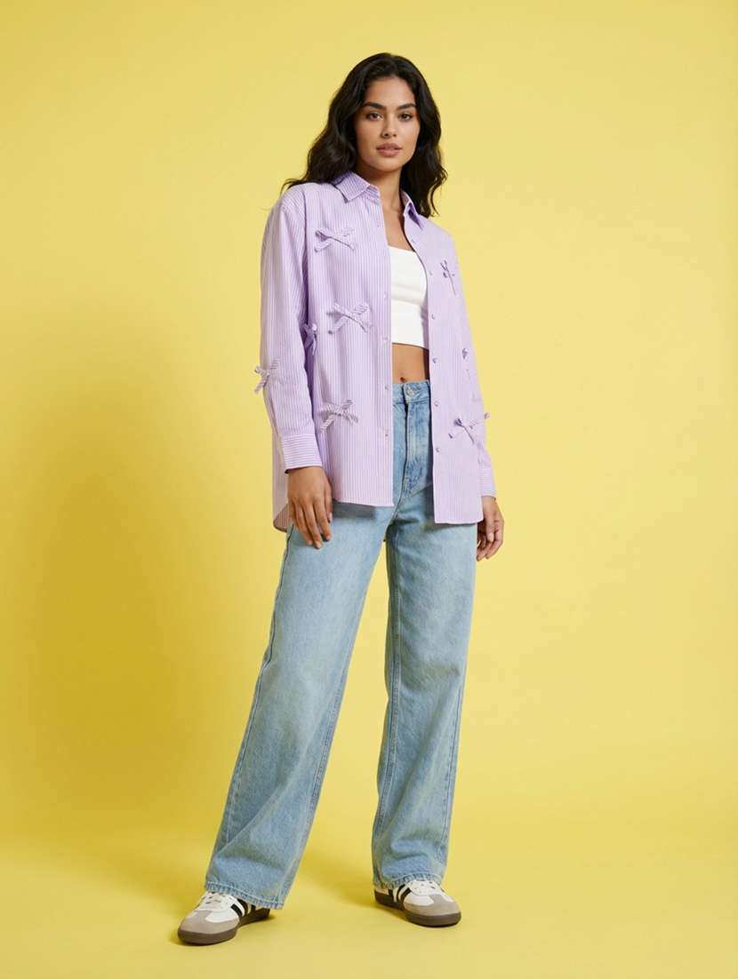 women striped collared long sleeve oversized shirt - 22373354 -  Standard Image - 3