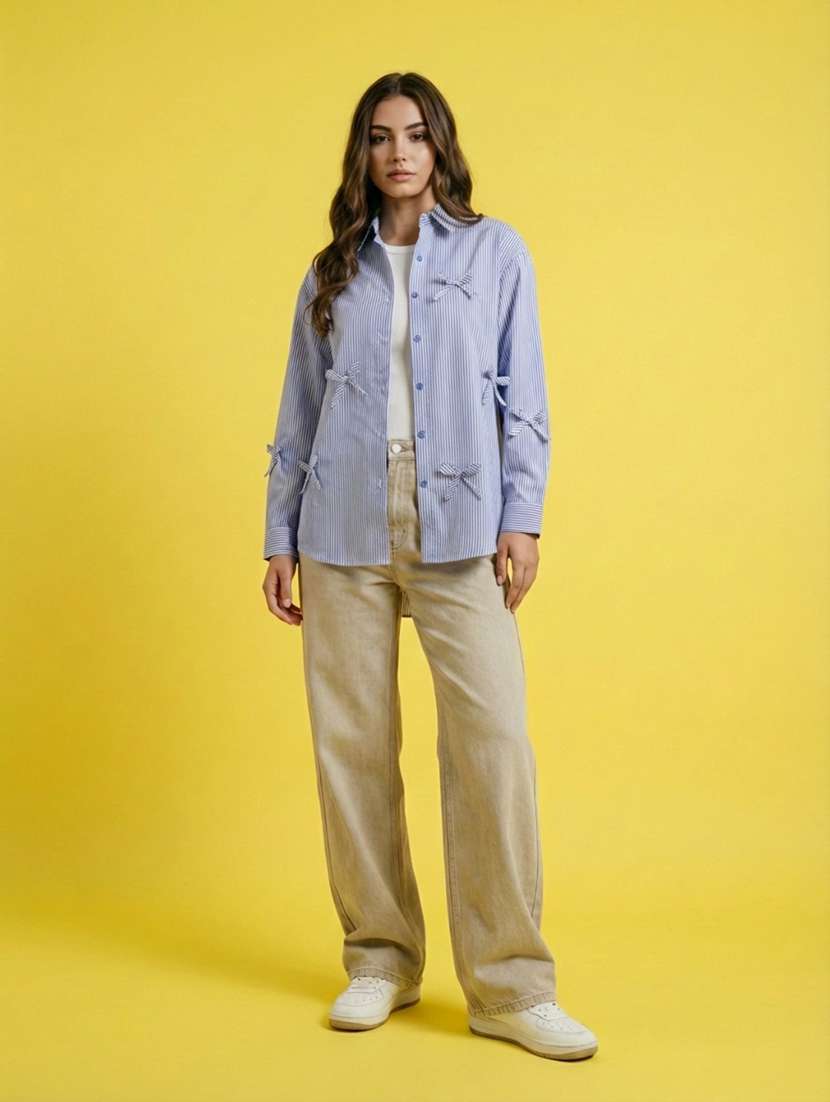 women striped collared long sleeve oversized shirt - 22373356 -  Standard Image - 3