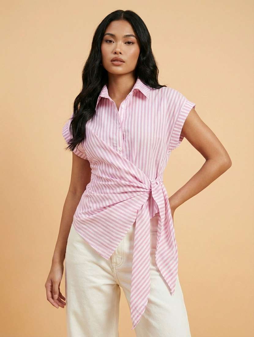 women solid collared short sleeve wrap shirt