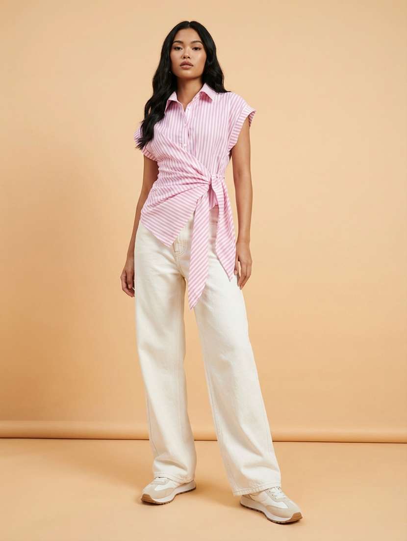 women solid collared short sleeve wrap shirt - 22373368 -  Standard Image - 3