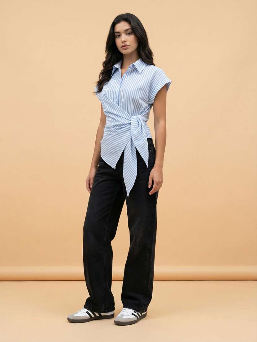 women striped collared short sleeve wrap shirt - 22373369 -  Standard Image - 3