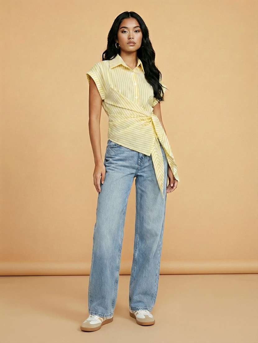 women striped collared short sleeve wrap shirt - 22373371 -  Standard Image - 3