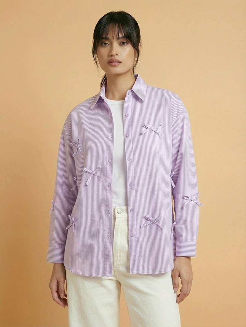 women striped collaerd long sleeve oversized shirt