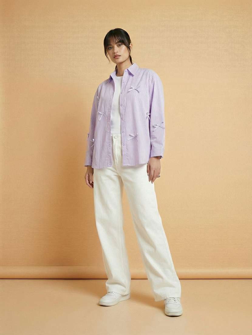 women striped collaerd long sleeve oversized shirt - 22373372 -  Standard Image - 3