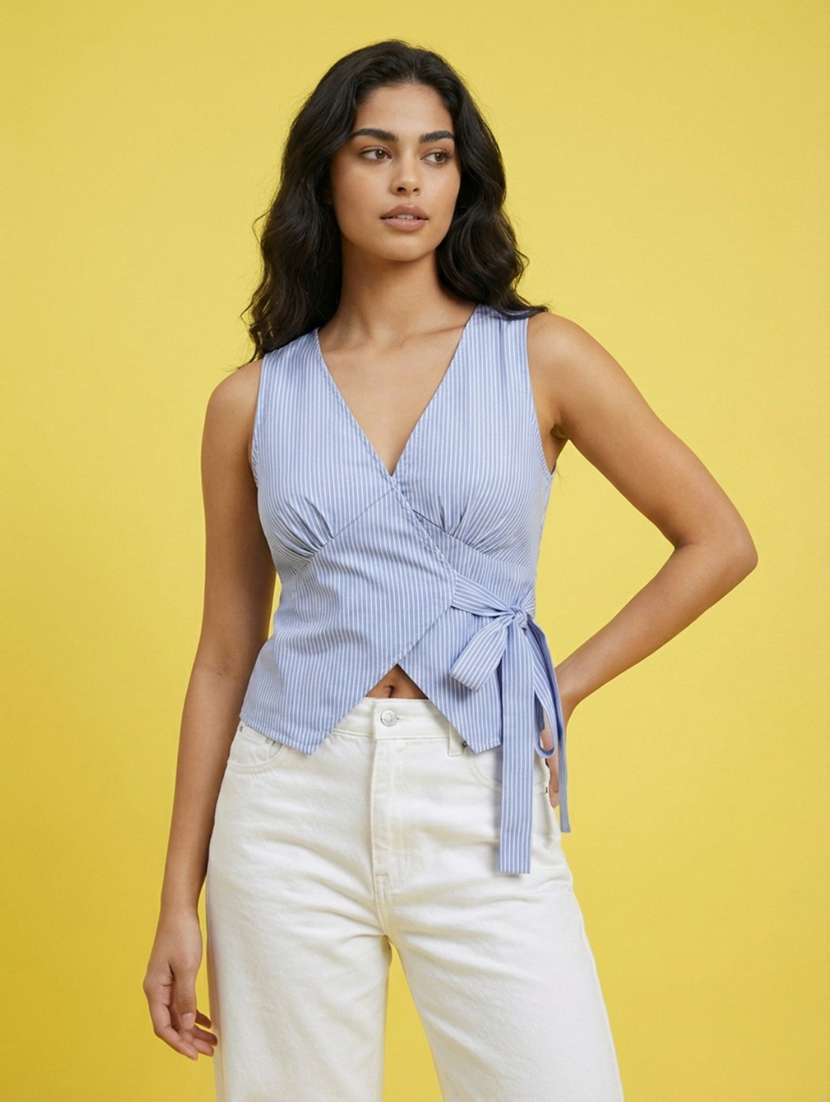 women striped sleeveless wrap top