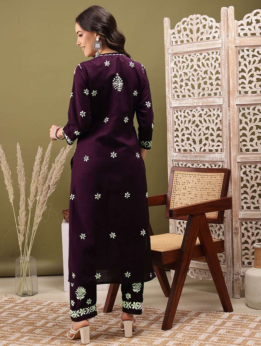 women solid with work three quarter sleeve kurta pant set - 22373410 -  Standard Image - 3
