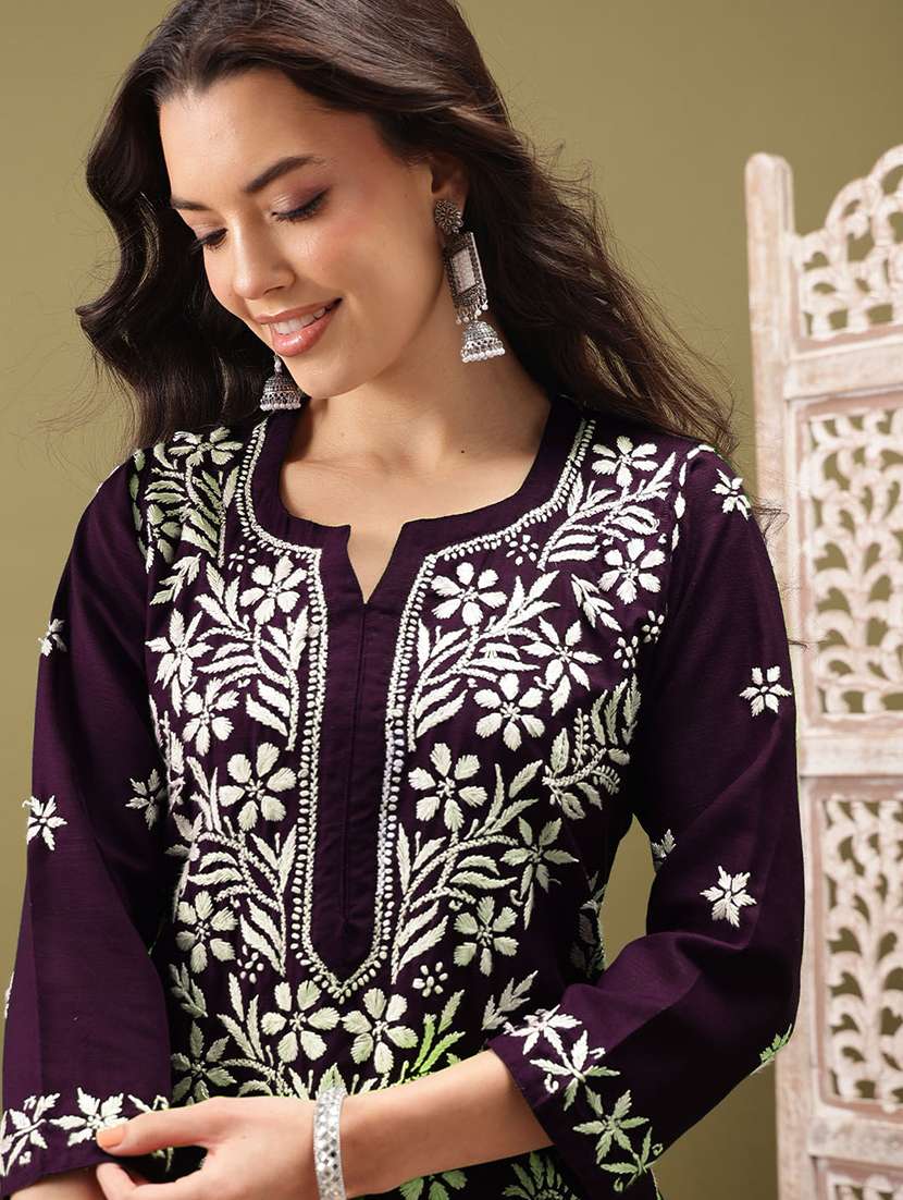 women solid with work three quarter sleeve kurta pant set - 22373410 -  Standard Image - 5