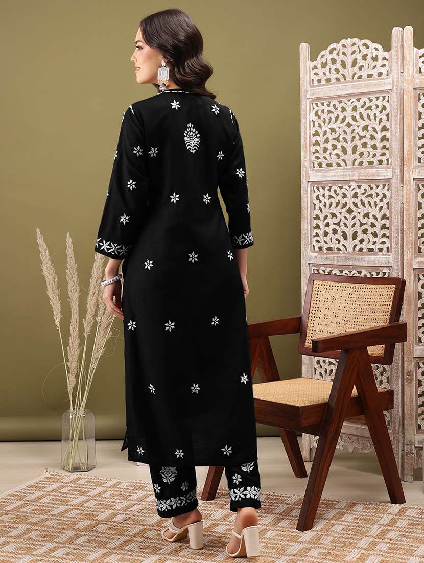 women solid with work three quarter sleeve kurta pant set - 22373411 -  Standard Image - 3