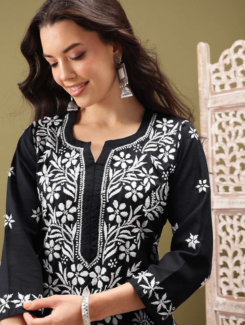 women solid with work three quarter sleeve kurta pant set - 22373411 -  Standard Image - 5