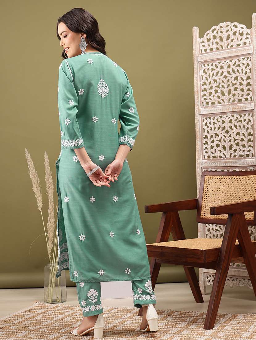 women solid with work three quarter sleeve kurta pant set - 22373412 -  Standard Image - 3