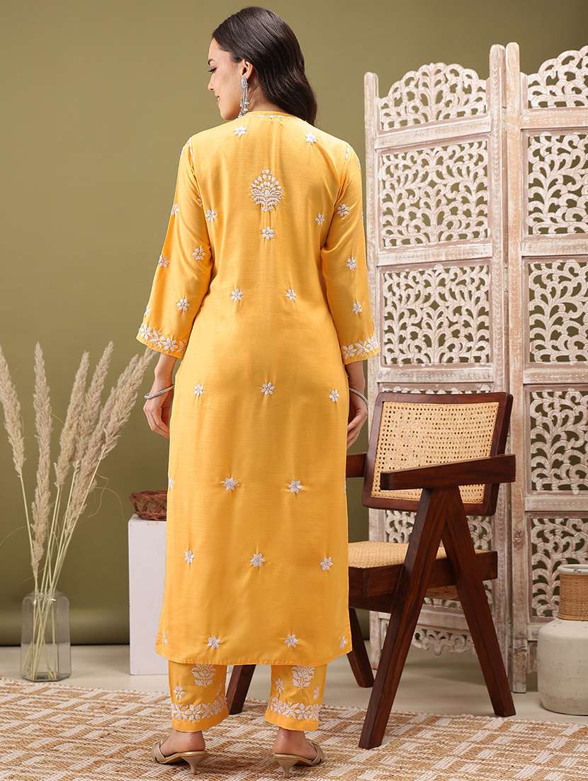 women solid with work three quarter sleeve kurta pant set - 22373413 -  Standard Image - 3