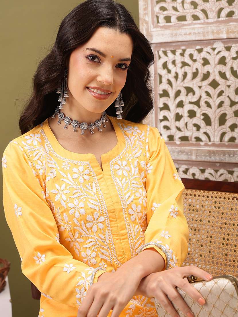 women solid with work three quarter sleeve kurta pant set - 22373413 -  Standard Image - 5