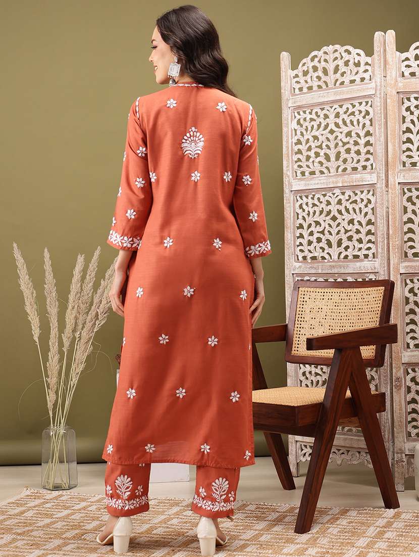 Women Solid With Work Three Quarter Sleeve Kurta Pant Set - 22373415 -  Standard Image - 3
