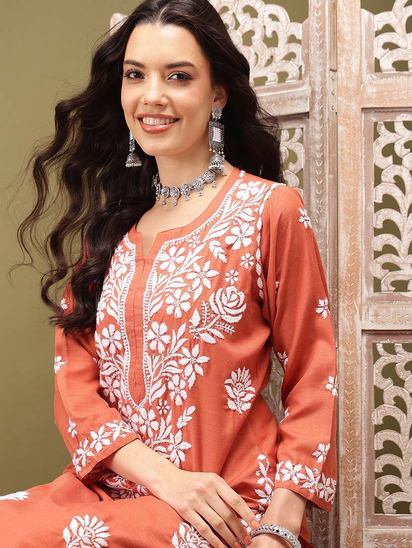 Women Solid With Work Three Quarter Sleeve Kurta Pant Set - 22373415 -  Standard Image - 5
