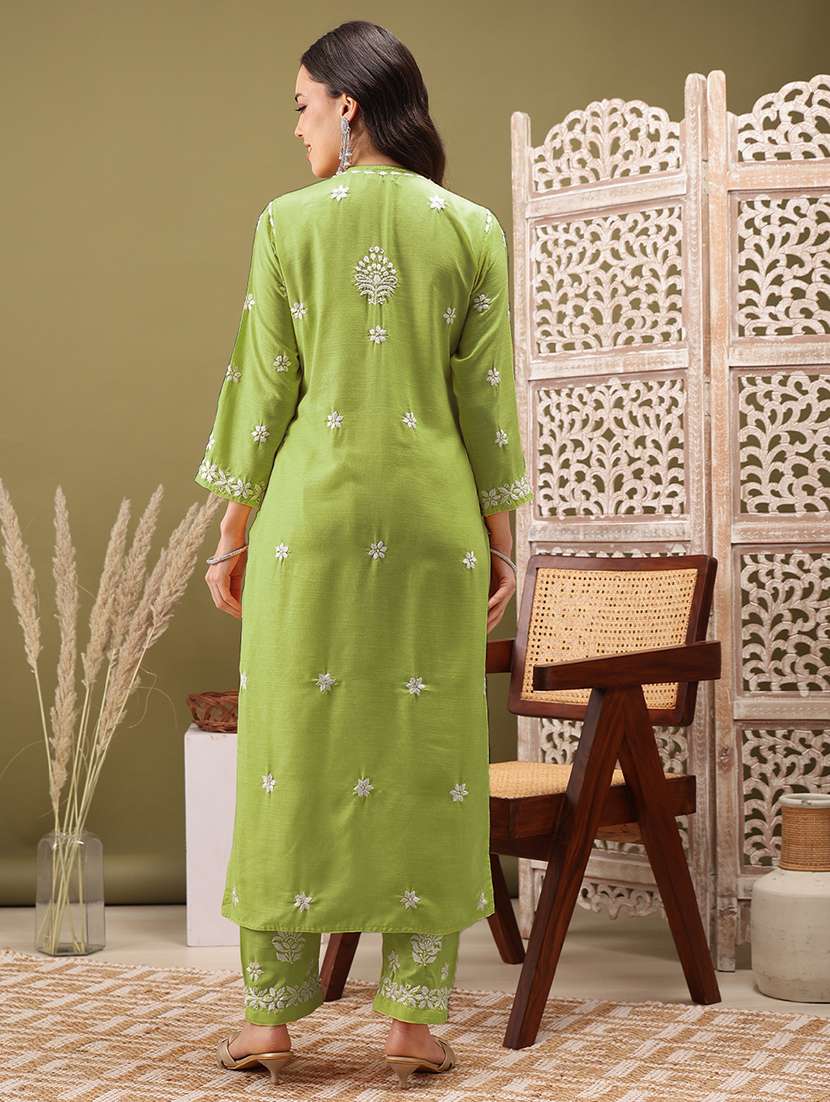 women solid with work three quarter sleeve kurta pant set - 22373416 -  Standard Image - 3