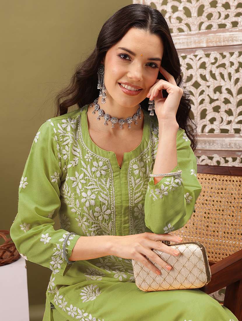 women solid with work three quarter sleeve kurta pant set - 22373416 -  Standard Image - 5