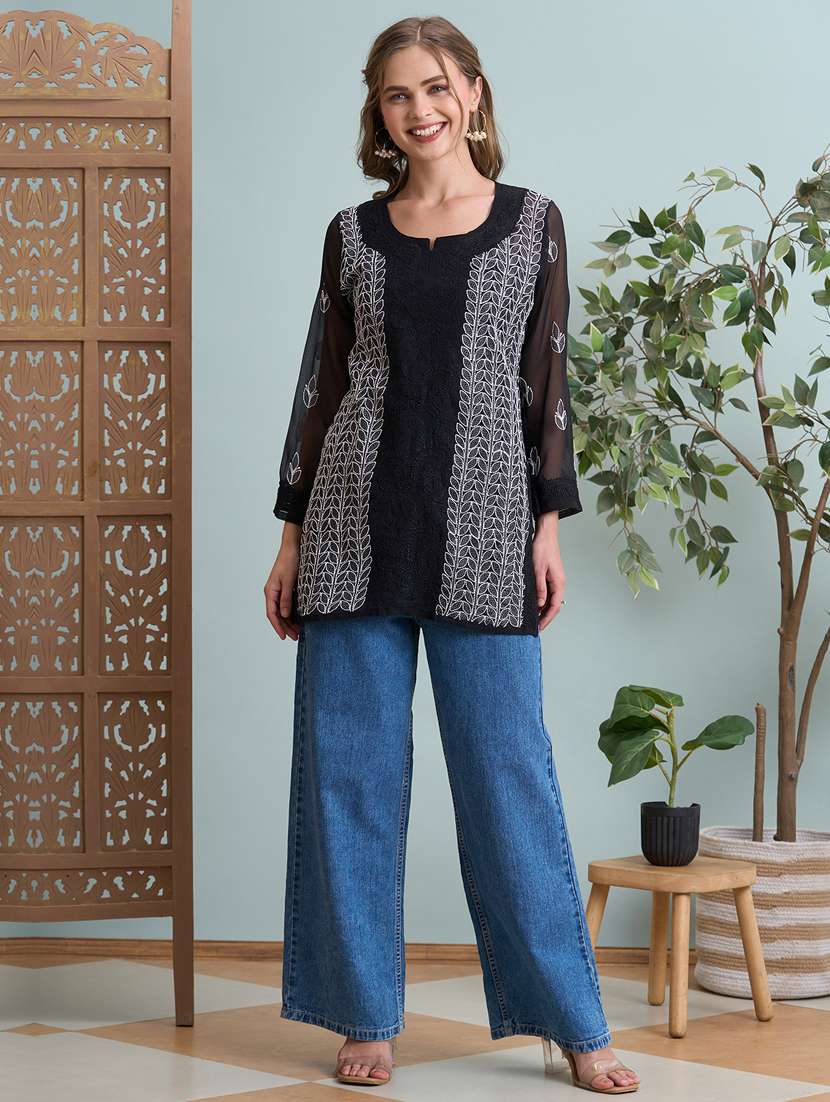 women chikankari long sleeve straight kurti