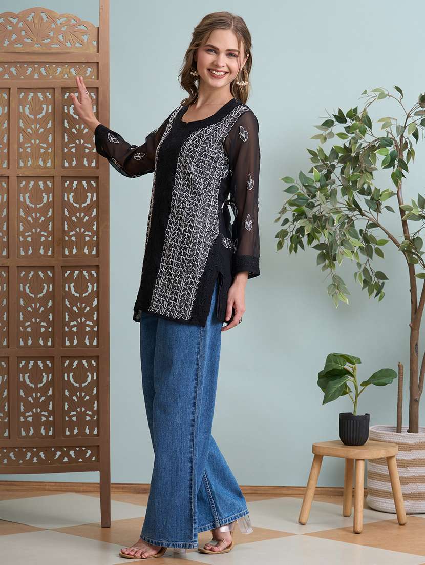 women chikankari long sleeve straight kurti - 22373550 -  Standard Image - 3