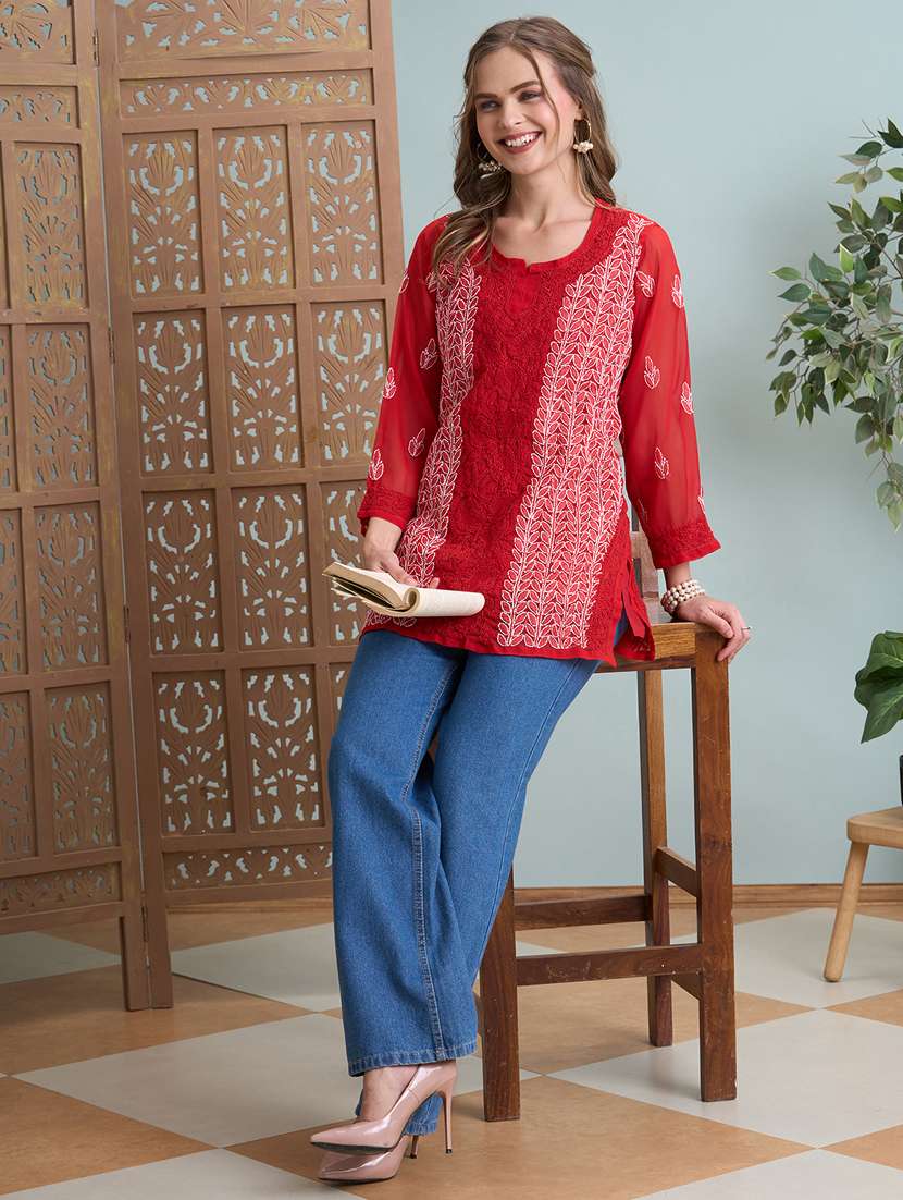 women chikankari long sleeve straight kurti