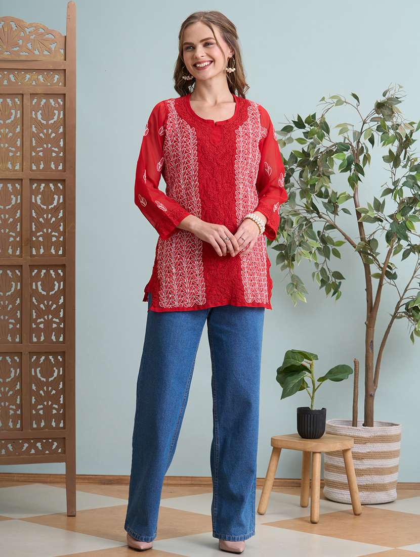 women chikankari long sleeve straight kurti - 22373554 -  Standard Image - 3